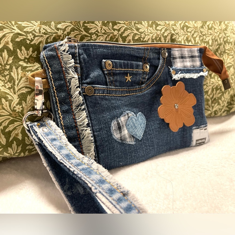 Bohemian Unique One-of-a-Kind Denim Patchwork Clutch with removable Wrist Handle